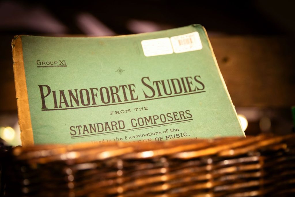 A book of "Pianoforte Studies from the Standard Composers" on sale at the Skanda Vale Hospice Charity Shop.