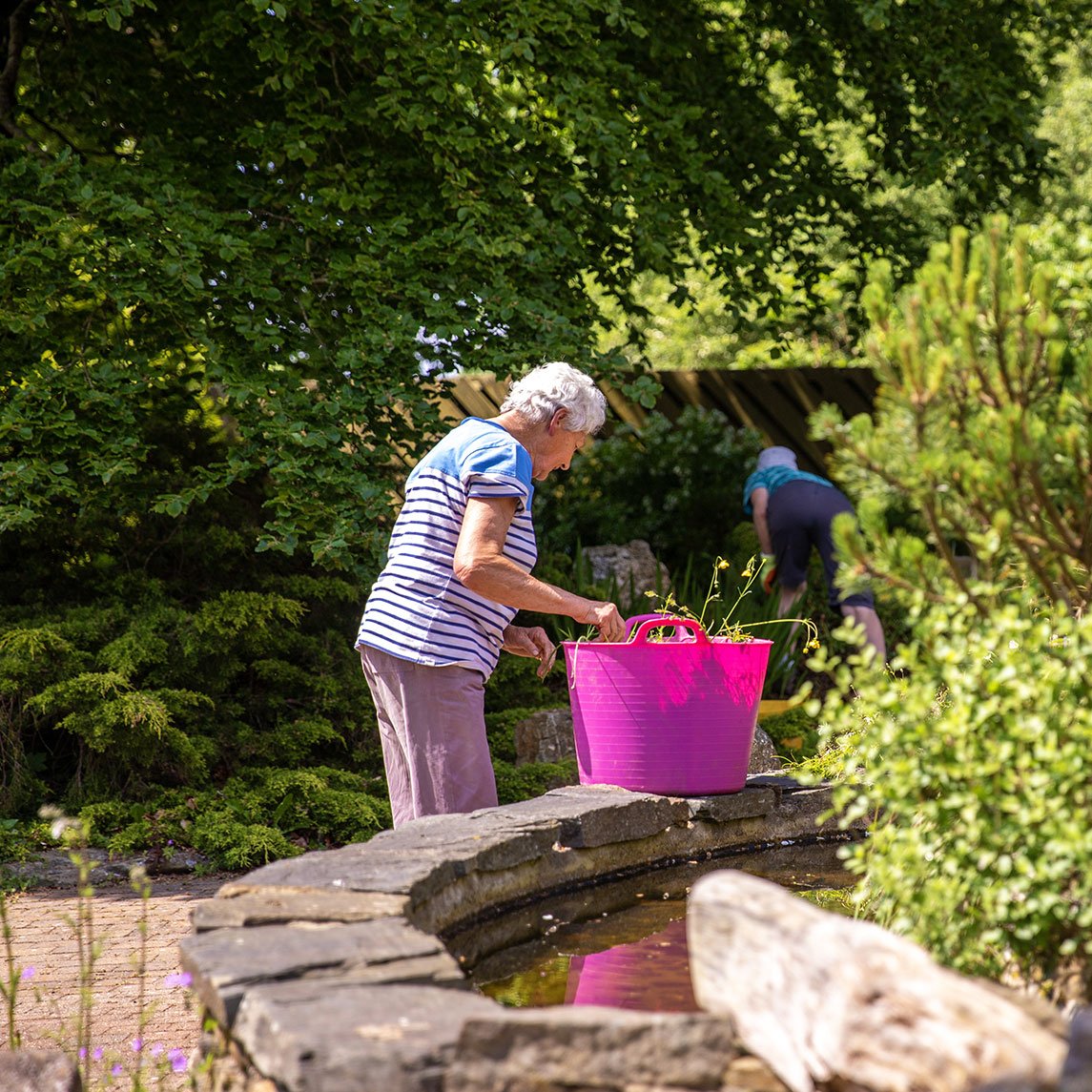 A lady weeding by a water feature in a hospice garden.